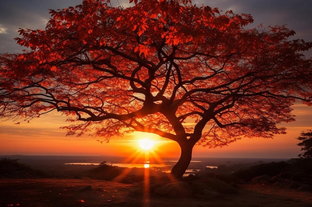 Una silueta de un árbol al atardecer con hojas naranjas vibrantes fotografía de imágenes naranjas