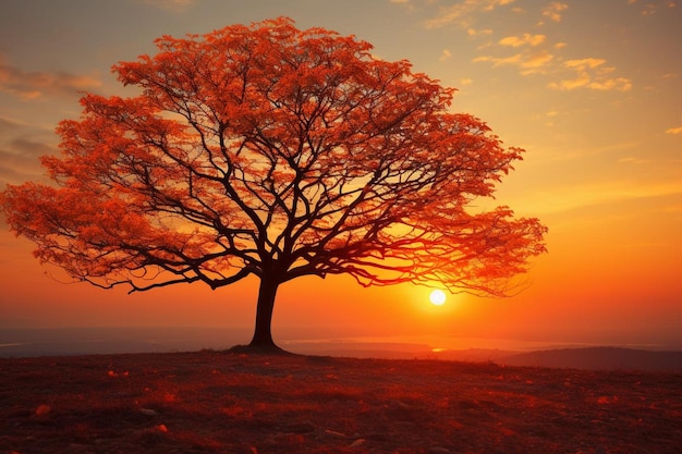 Una silueta de un árbol al atardecer con hojas naranjas vibrantes fotografía de imágenes naranjas