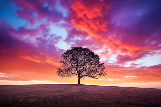 Foto la silueta de un árbol contra una puesta de sol colorida