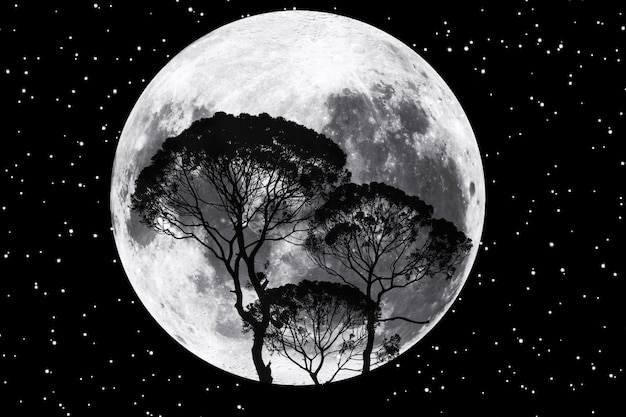 Silueta de árbol en el fondo de la luna