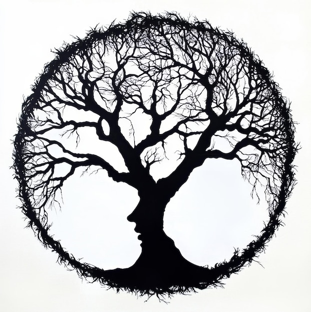 Silueta de un árbol sin hojas en composición circular