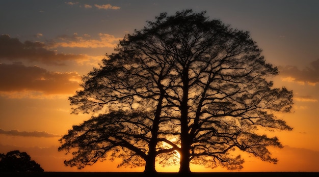 Silueta de un árbol iluminado por la puesta de sol