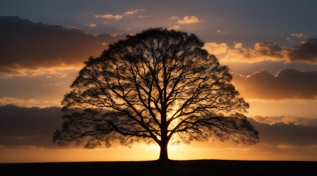 Silueta de un árbol iluminado por la puesta de sol