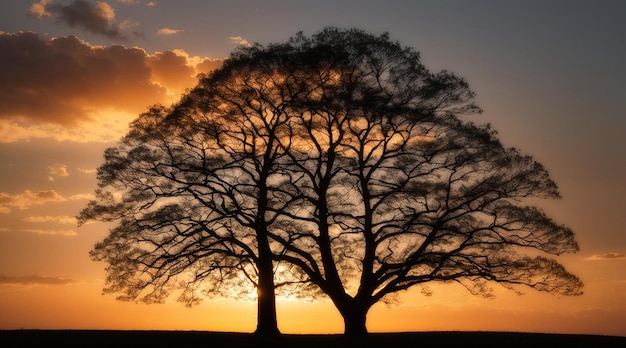 Silueta de un árbol iluminado por la puesta de sol