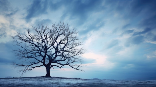 Silueta de árbol de invierno contra el fondo del cielo nublado