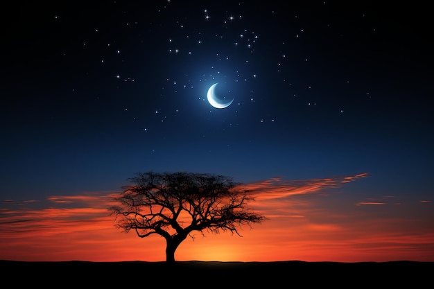 una silueta de un árbol y una luna creciente al atardecer