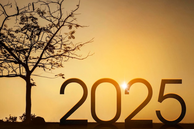 Silueta del árbol y el número de año nuevo 2025 en el parque con fondo de amanecer
