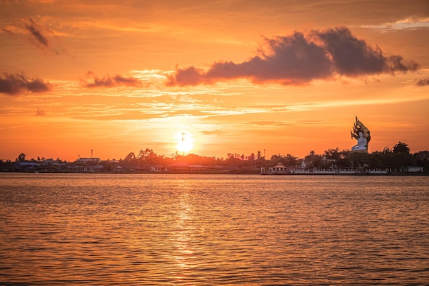 silueta, de, árbol, en, ocaso, sol dorado, ocaso, reflejo, en, superficie, de, agua