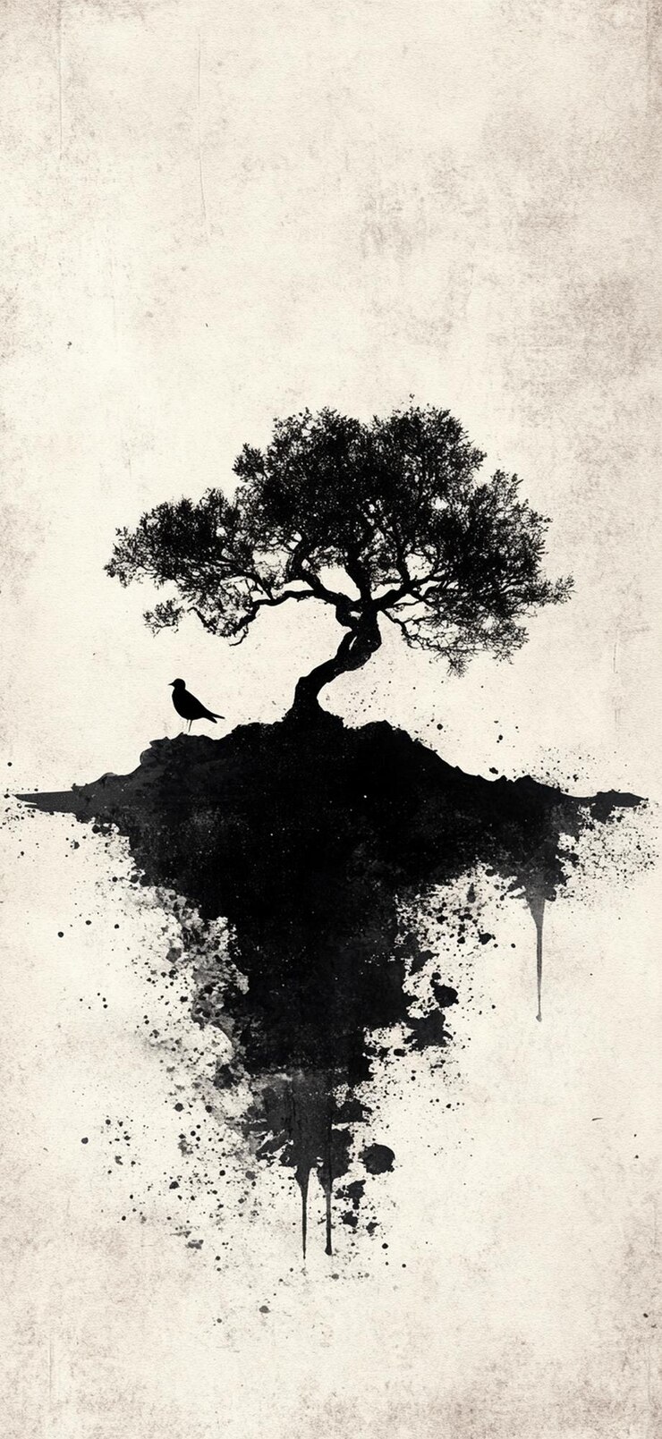 Foto silueta de un árbol y un pájaro en fondo de tinta abstracta concepto de naturaleza y arte