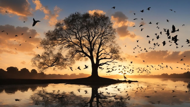 Silueta de árbol de pájaros volando y río al atardecer con un bonito cielo