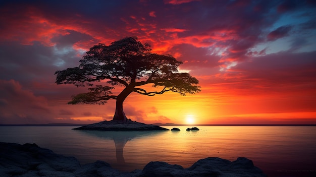 La silueta de un árbol solitario al atardecer