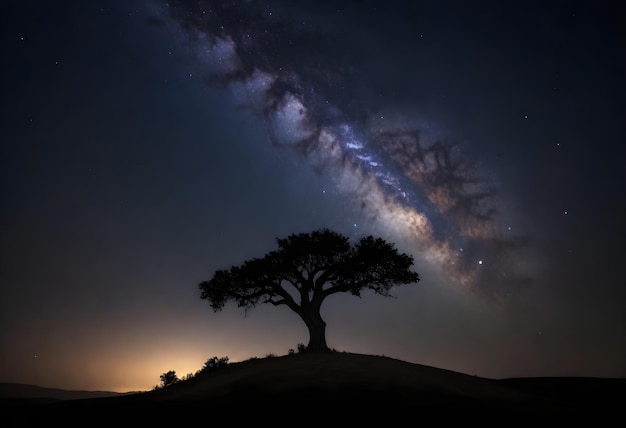 Una silueta de un árbol solitario en la cima de una colina contra un cielo nocturno con las estrellas paisaje pacífico