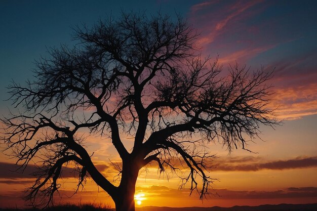 Silueta de un árbol solitario en el horizonte al atardecer