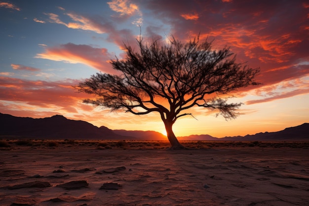 La silueta de un árbol solitario en medio de un atardecer vibrante y una hermosa imagen de un amanecer.