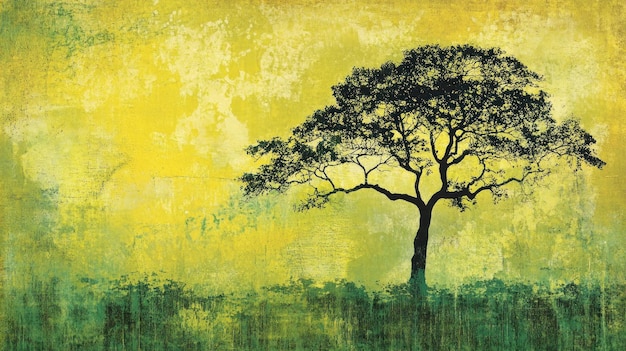 Silueta de árbol solitario puesta de sol fondo texturizado paisaje pacífico arte de pared