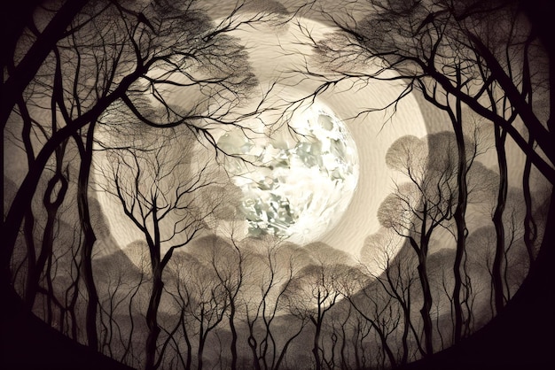 Silueta de árboles en el bosque por la noche con luna llena IA generativa