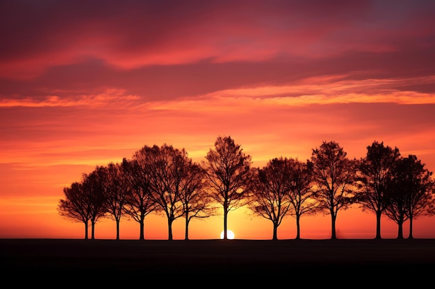 Silueta de árboles contra una colorida puesta de sol de otoño