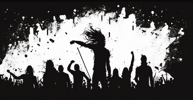 Una silueta de arte minimalista en blanco y negro de un concierto de metal mosh pit crowd headbang