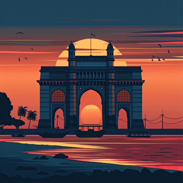 Silueta del atardecer de la Puerta de la India en Mumbai