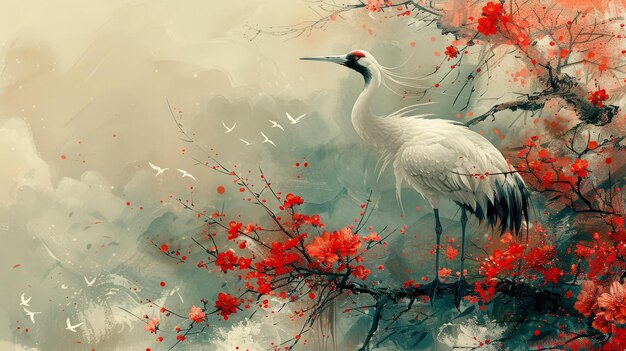 La silueta de las aves de la grulla está modernizada y tiene una textura de pintura en acuarela de fondo japonés con un patrón de nube natural con un icono de árbol y un icono De rama de flor en estilo vintage Cerezo