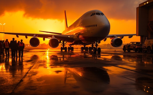 Silueta de un avión de pasajeros en un aeropuerto de pie Gran avión en un atardecer naranja IA generativa