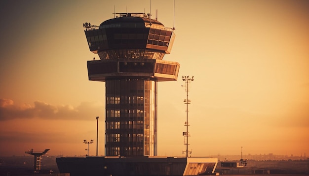 Silueta de avión retroiluminada por puesta de sol generada por IA