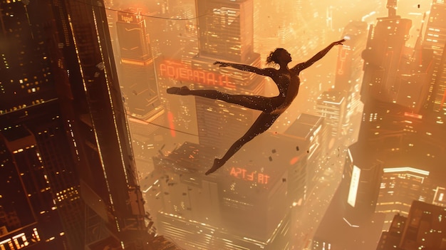 Silueta de una bailarina saltando con gracia sobre un paisaje urbano futurista al atardecer capturando la mezcla de arte y paisaje urbano