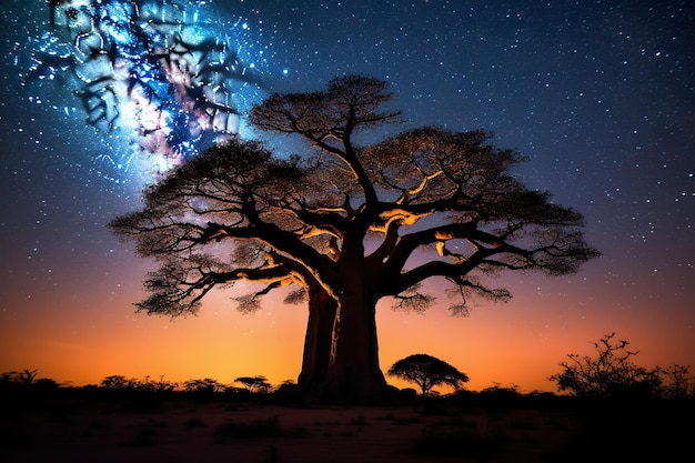 Foto la silueta del baobab bajo la vía láctea