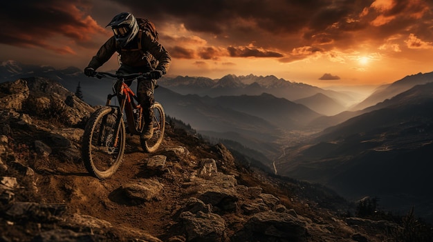 Silueta de una bicicleta antigua al atardecer en una montaña