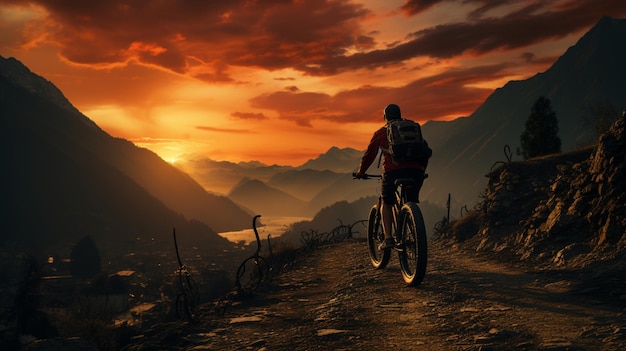 Silueta de una bicicleta antigua al atardecer en una montaña