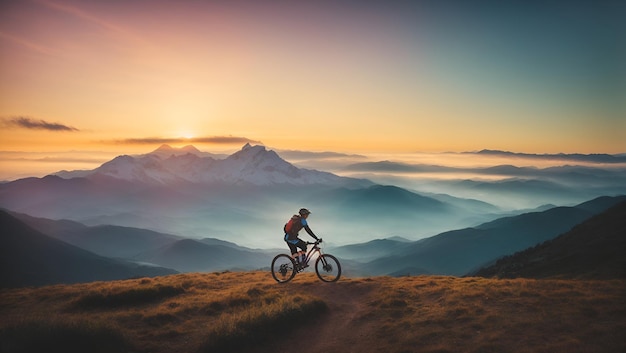 Foto silueta de bicicleta de montaña con una hermosa montaña