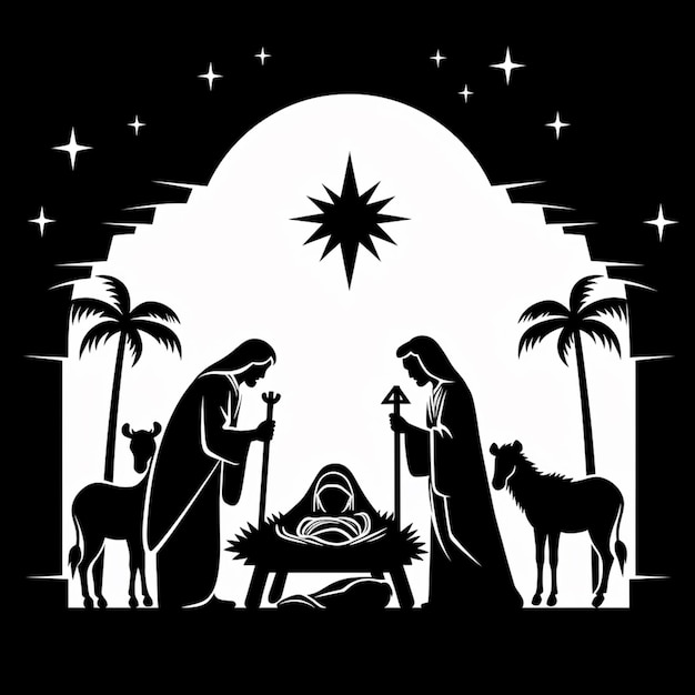 una silueta en blanco y negro de una escena de la natividad con un bebé Jesús en el pesebre generativo ai