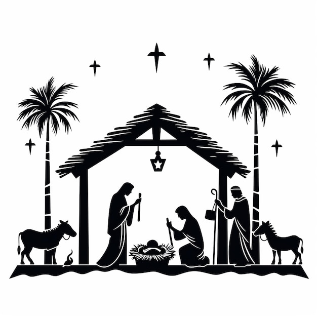 una silueta en blanco y negro de una escena de la natividad con una escena del pesebre generativa ai