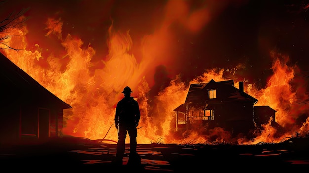 Silueta de bombero frente a casa en llamas