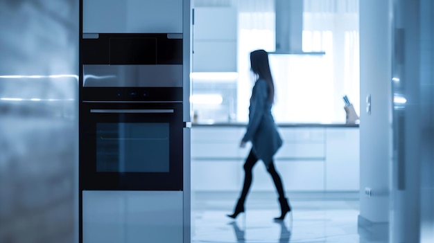 Foto silueta borrosa de una mujer joven caminando en casa vista panorámica del interior moderno ia generativa