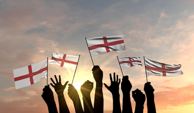 Silueta de brazos levantados ondeando una bandera de inglaterra con orgullo d renderizado