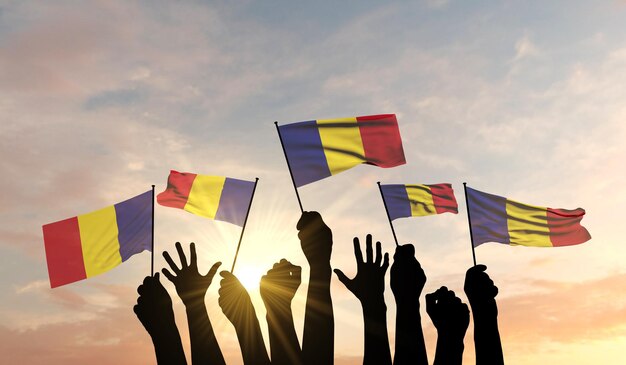 Silueta de brazos levantados ondeando una bandera de rumania con orgullo d renderizado