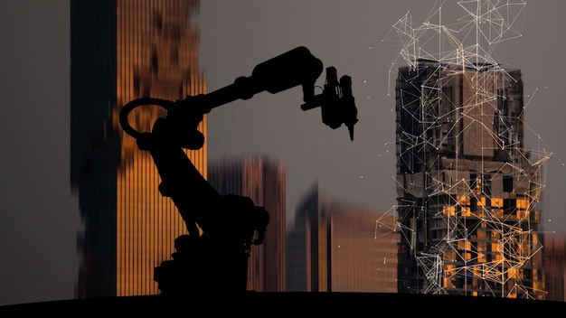 Silueta de brazos de robot de automatización moderna con concepto de red de tecnología asistente Ai y fondo de construcción de ciudad de metrópolis