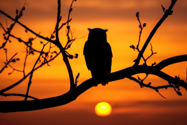 Foto silueta de un búho en una rama con puesta de sol en el fondo