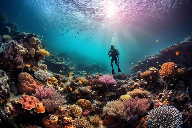 La silueta de un buzo nada entre el colorido arrecife de coral con una hermosa vista submarina al mar