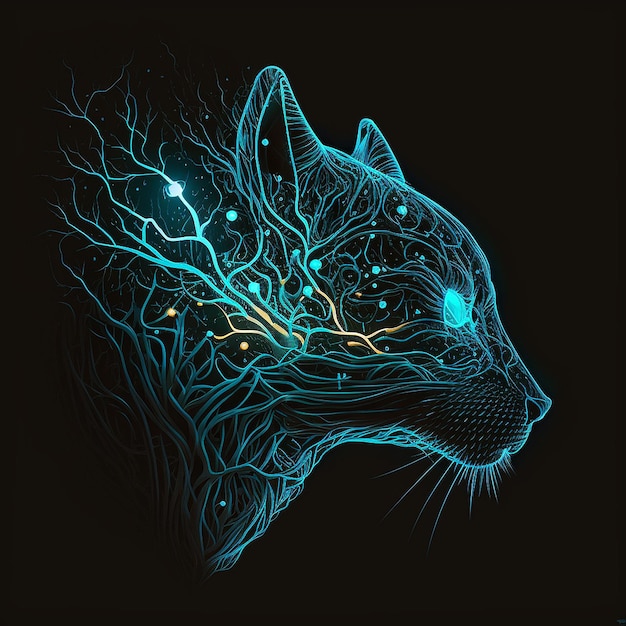 Silueta cabeza de gato fondo oscuro Imagen generada por IA bioluminiscente