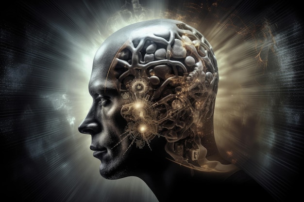 Silueta de cabeza de hombre con mecanismo de engranaje en el cerebro IA generativa