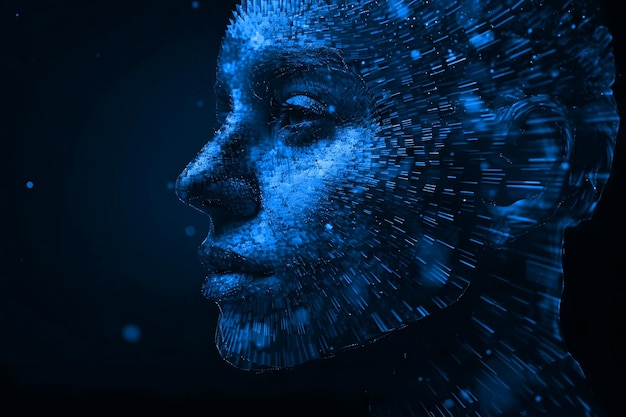 Silueta de una cabeza humana 3d hecha de puntos y partículas Concepto de inteligencia artificial y Ai generativo de redes neuronales