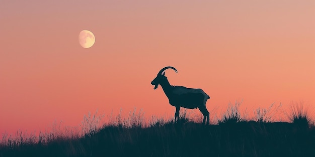 Silueta de una cabra de montaña con luna media a la izquierda paisaje nocturno para tema islámico