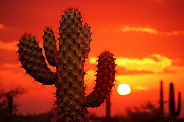 silueta de cactus contra el atardecer ardiente