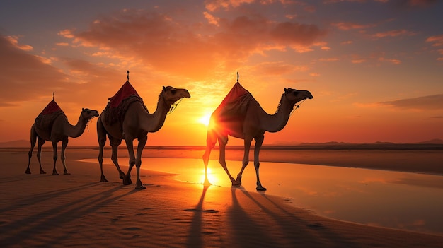 Silueta De Camellos Atardecer Playa