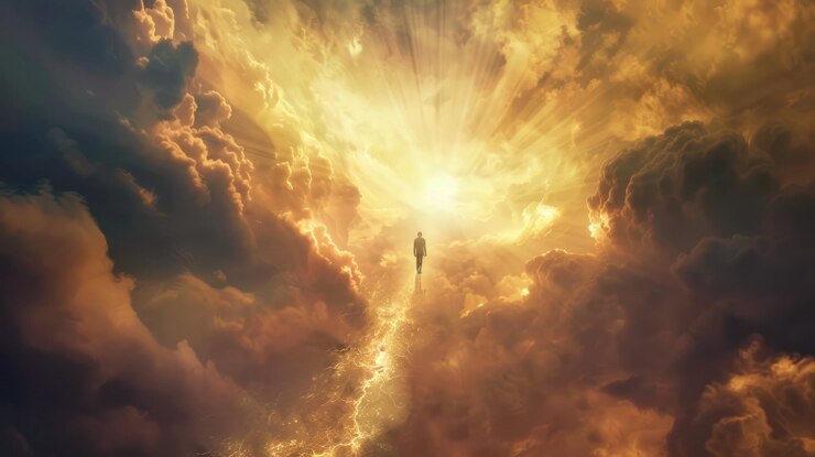 Foto una silueta camina hacia una luz divina