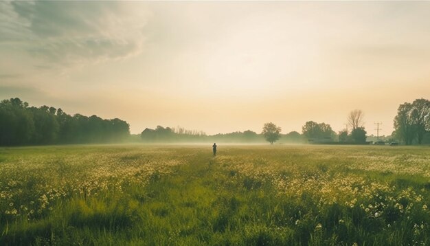Foto silueta caminando en un prado tranquilo al atardecer generado por ia