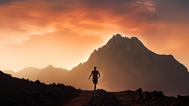 Silueta de caminante corriendo en la montaña Ras Al Khaimah