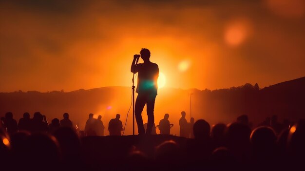 Foto silueta de un cantante actuando en el escenario durante la puesta de sol